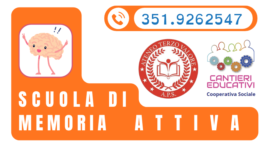 Logo della Scuola di Memoria Attiva® — telefono 351 926 2547, con Ateneo Terzo Valore APS e Cantieri Educativi Cooperativa Sociale