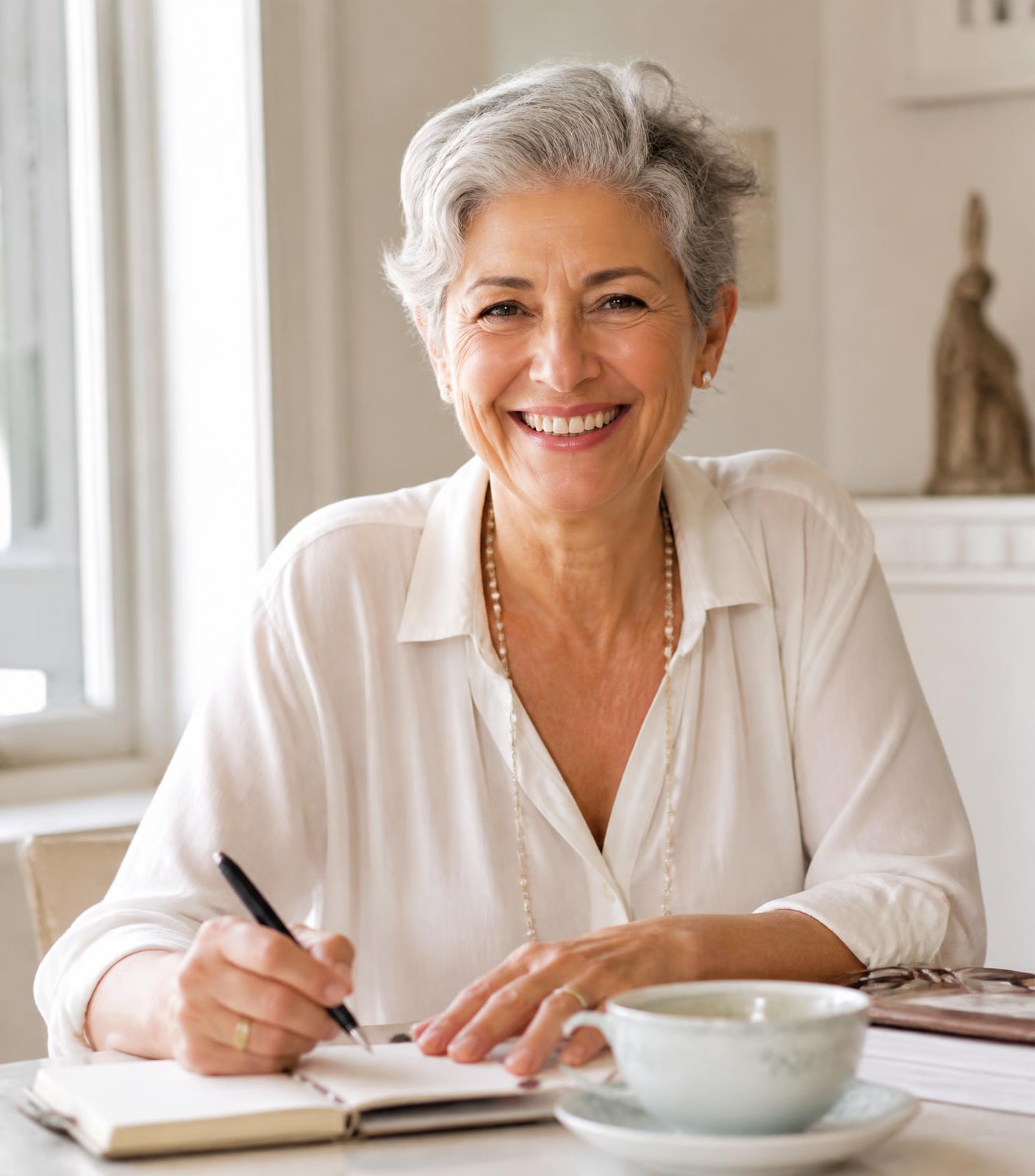 Una donna senior sorride mentre scrive sul proprio quaderno accanto alla finestra